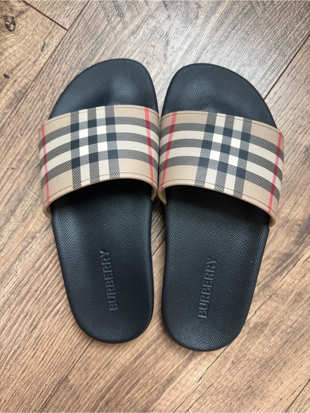Burberry Beige Nova Check & Black Slide Sandals